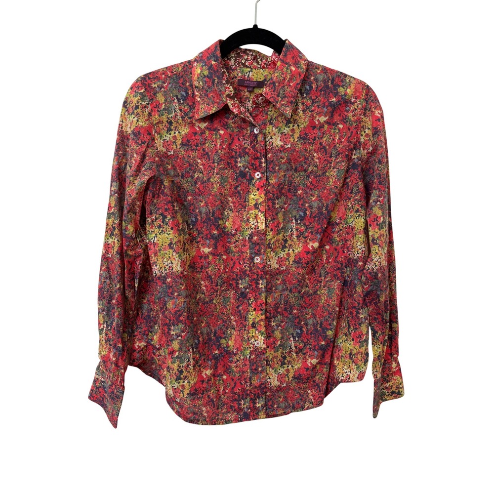 Liberty Art Fabrics Womens M Red Floral Abstract Cotton Button Down Shirt